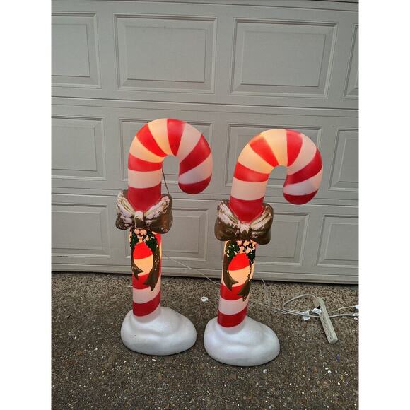Blow Mold Candy Cane Christmas Lighted Green Bow 2pc 42in Holiday Yard Decor VTG - Picture 1 of 15